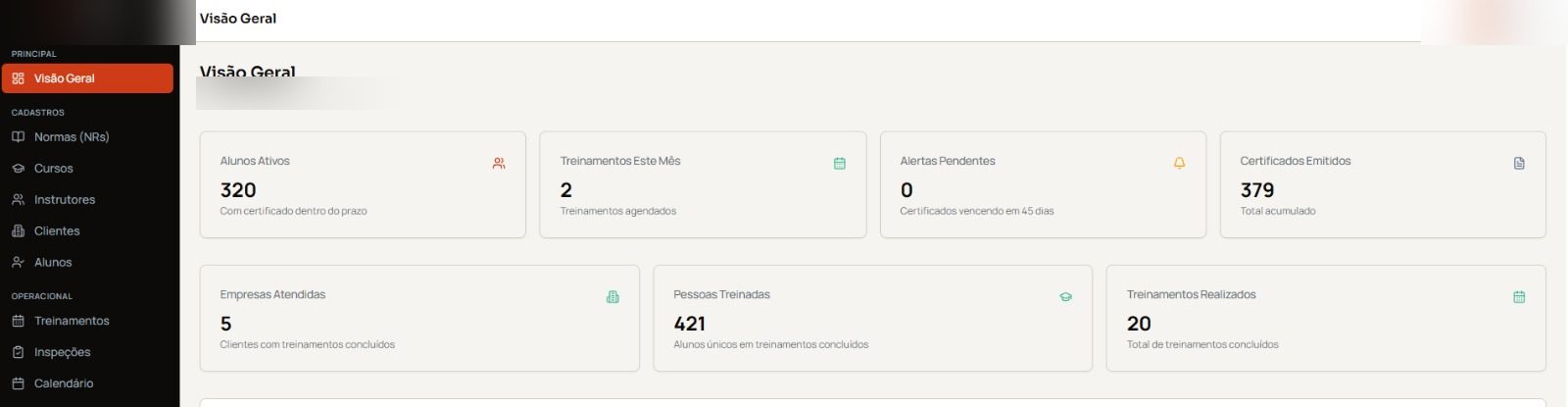 Painel de gestão de treinamentos e validade de certificados do setor portuário